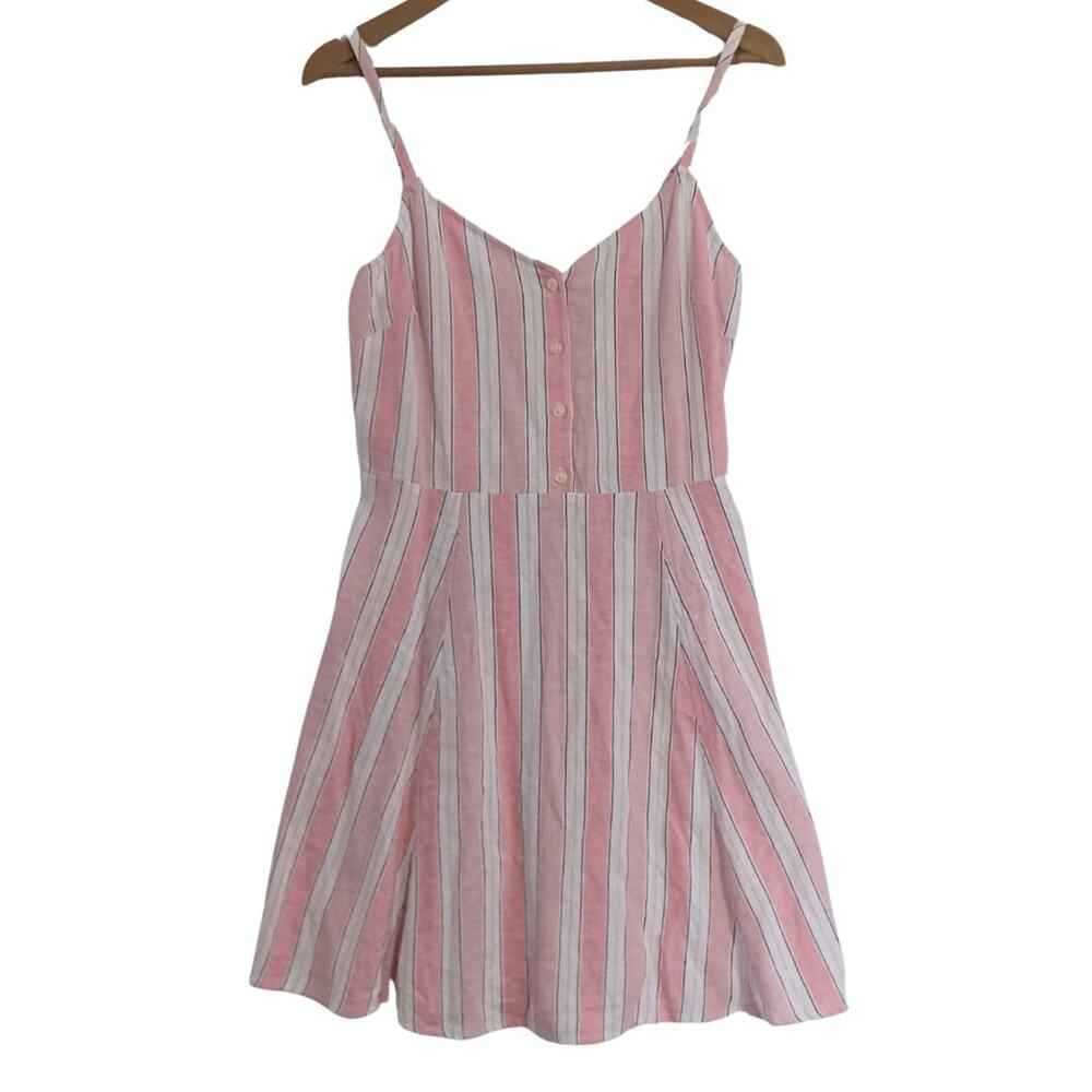 GAP Linen Blend Mini Sundress Size Small Pink Stripe Button Front Smock Back NEW